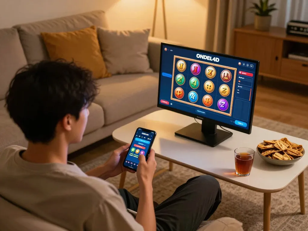 Pengguna yang terlibat memainkan ONDEL4D di perangkat mobile di lingkungan rumah yang nyaman, menunjukkan permainan yang bertanggung jawab.