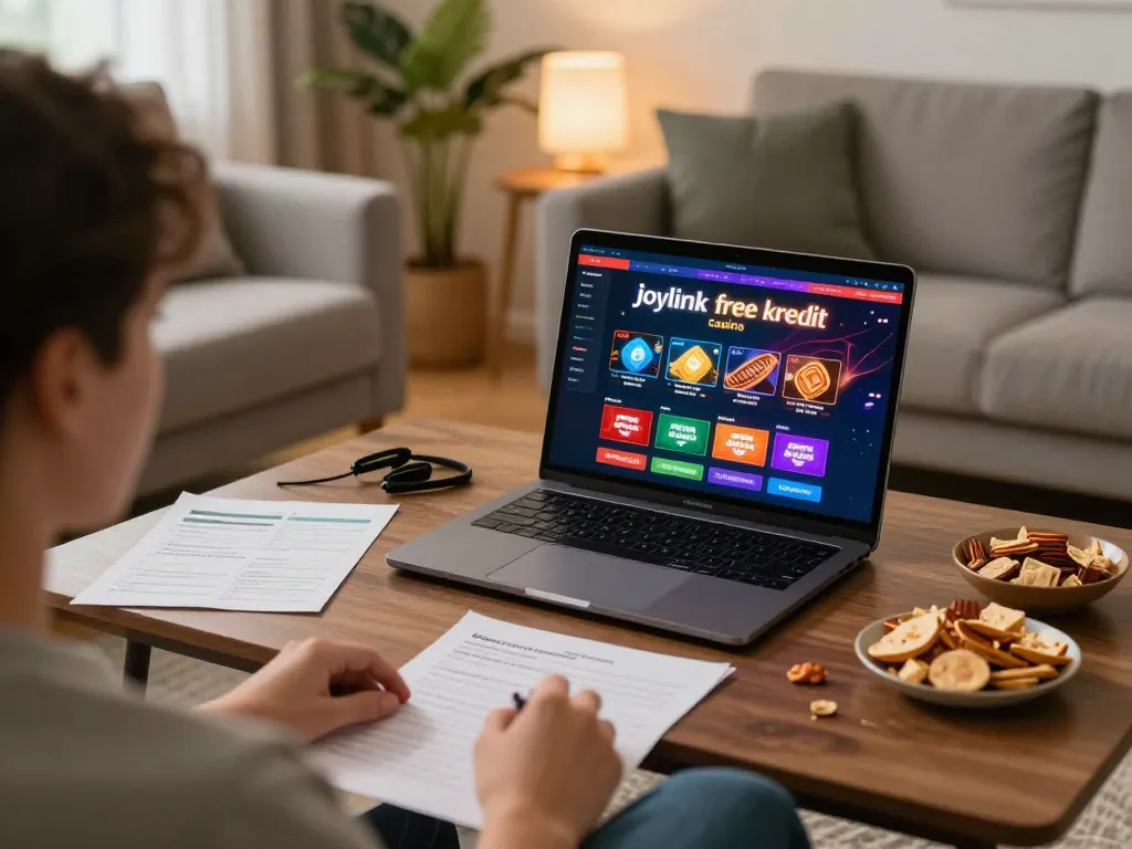 Engaged player exploring joylink free kredit options on an online casino interface in a cozy home setting