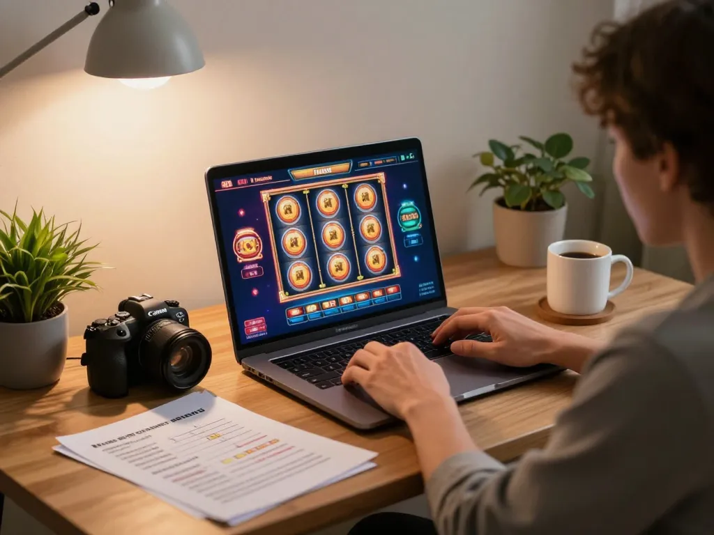 Player engaging in lively online slots game at home, highlighting 78win's exciting gaming experience.