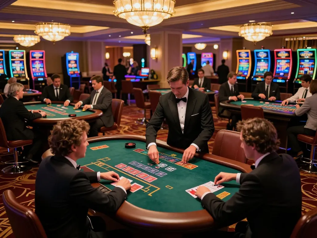 Experience strategic blackjack gameplay at a luxurious casino featuring ok 365 tables and engaging players.