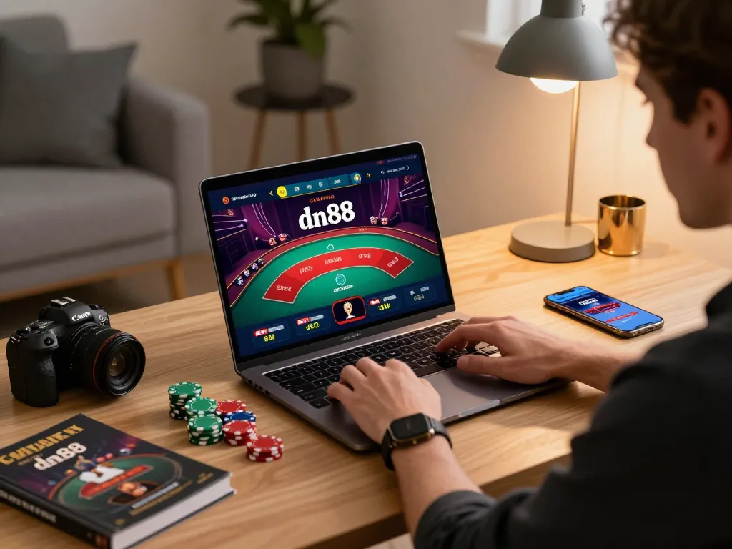 Experience dynamic online gaming with dn88 app on modern laptop, showcasing live dealer excitement