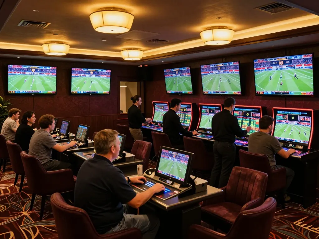 Patrons placing bets at 28bets sports lounge with excitement and modern decor.