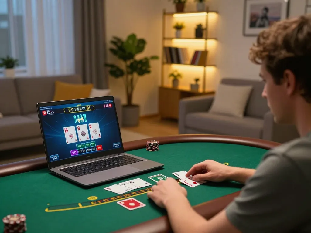 Player strategizing on KEONG178 during live dealer blackjack at home, showcasing cozy gaming atmosphere