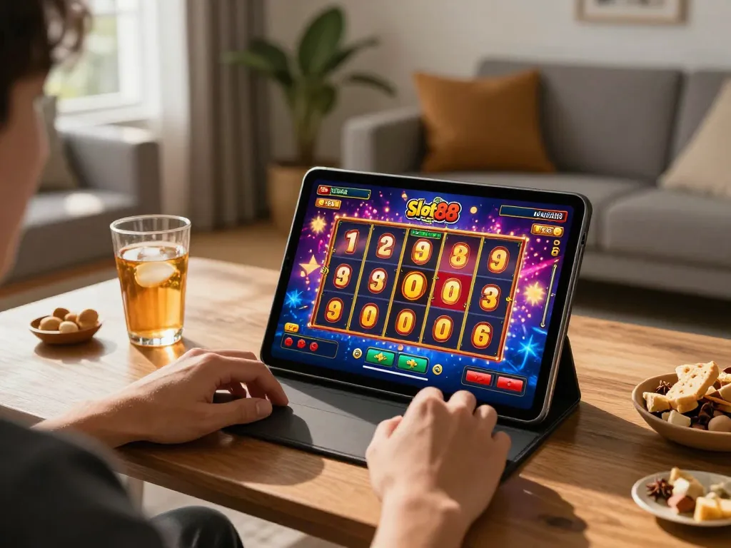Engaging gameplay on slot88 resmi with vibrant slot reels displayed on a tablet in a cozy home setting.