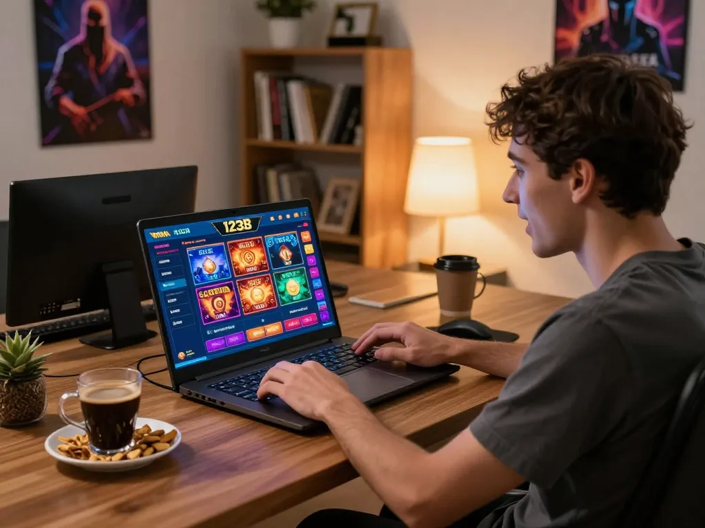 Player engaging in online gaming at 123B, showcasing a vibrant interface and cozy atmosphere.