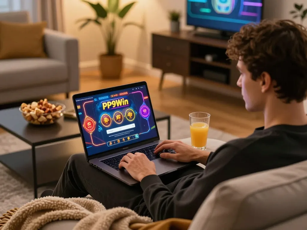 Using PP9Win Login on laptop during a cozy gaming session at home, showcasing vibrant visual elements