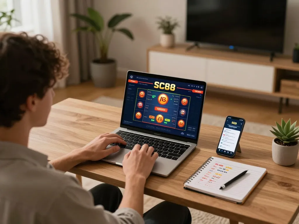 Engaging in SC88 casino games on a laptop while analyzing strategies in a cozy home office.