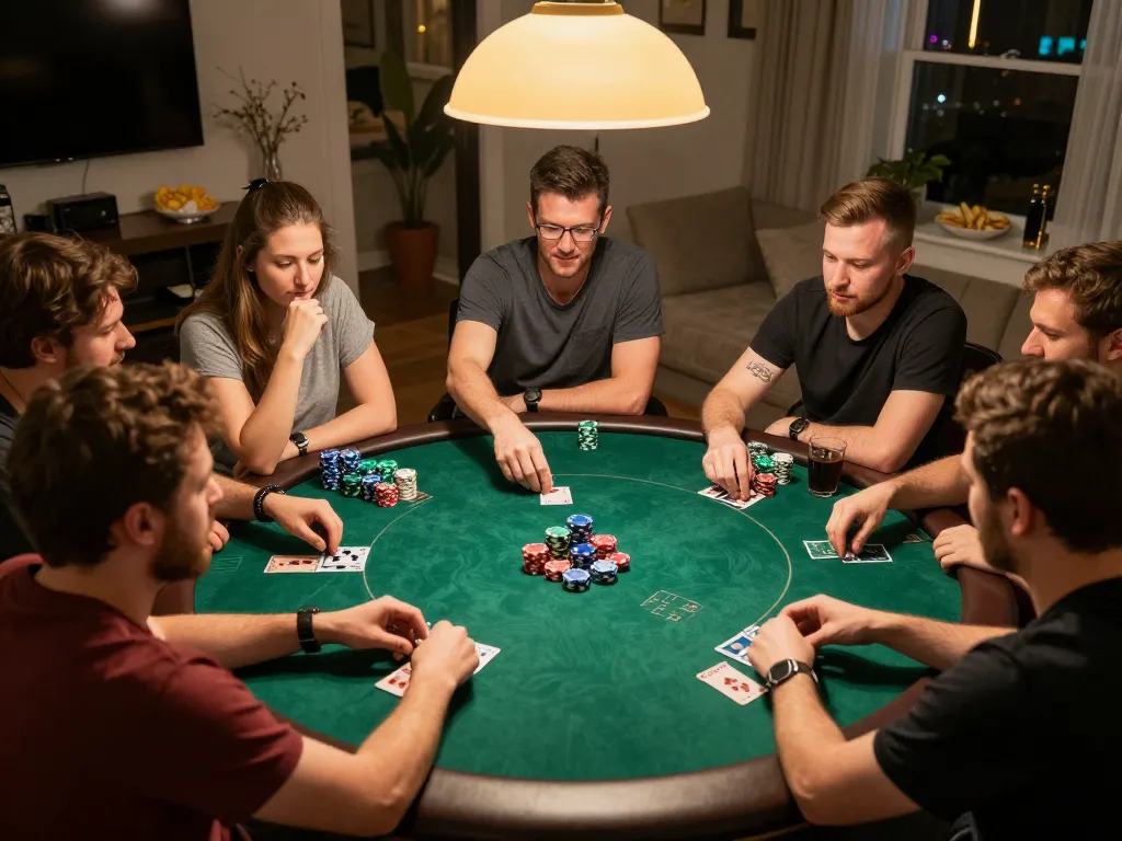 MPO08 home poker night with friends showing chips and focused gameplay during a friendly game