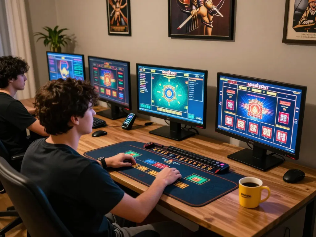 Engaging in online slots gameplay with BERLIAN889 in a cozy home setup.