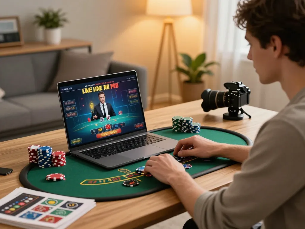 Engaged go8 player strategizing during live dealer game at home, laptop screen visible.