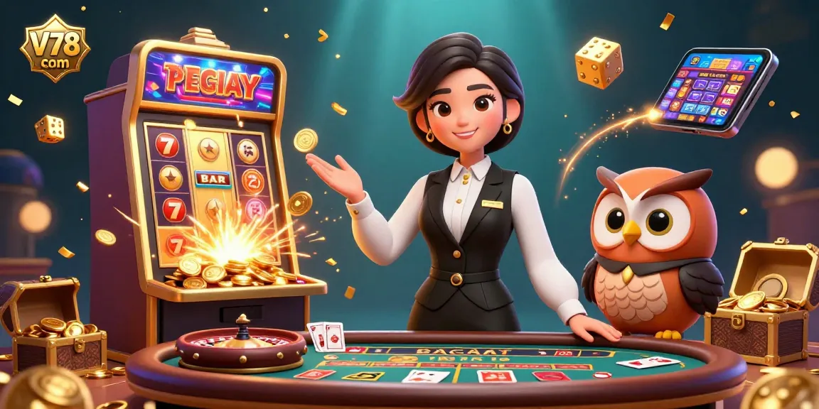 Terlibat dengan suasana kasino online V78 com yang cerah dengan dealer, permainan, dan efek yang memukau.