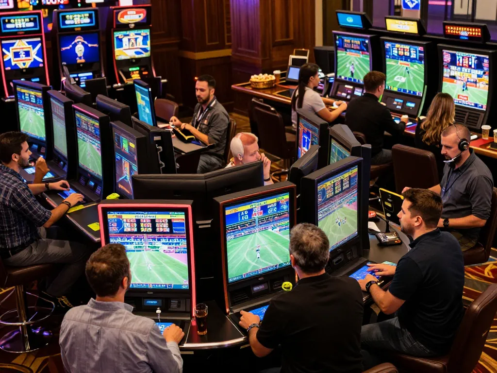 Betting at 90Phut TV's live sports event, showcasing enthusiastic players, vibrant screens, and dynamic interactions.