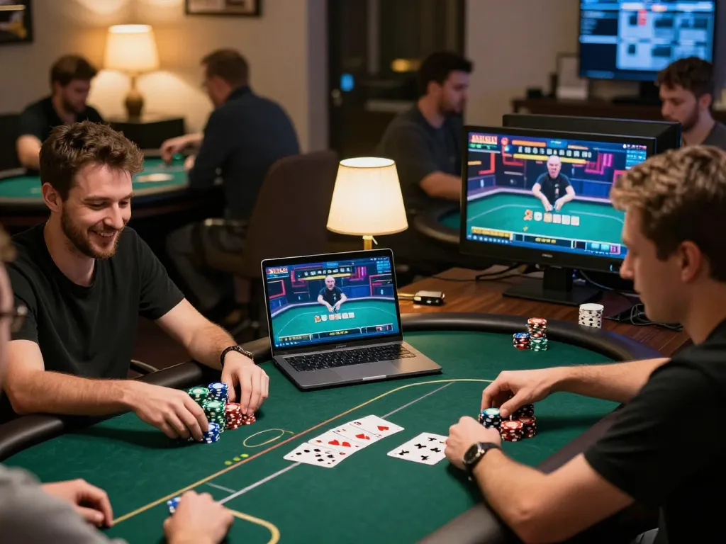 Players engaging in competitive online poker strategies at hubet with vibrant screens and chips