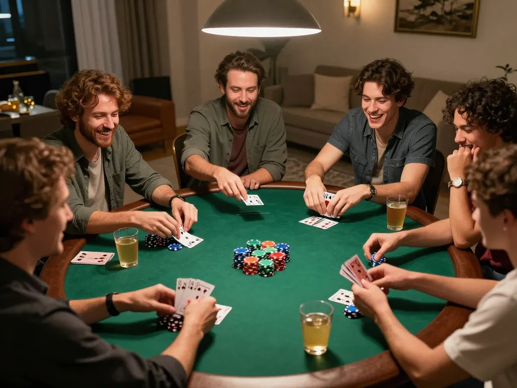 MPO08 poker night showcasing friends revealing winning hands and celebrating camaraderie.