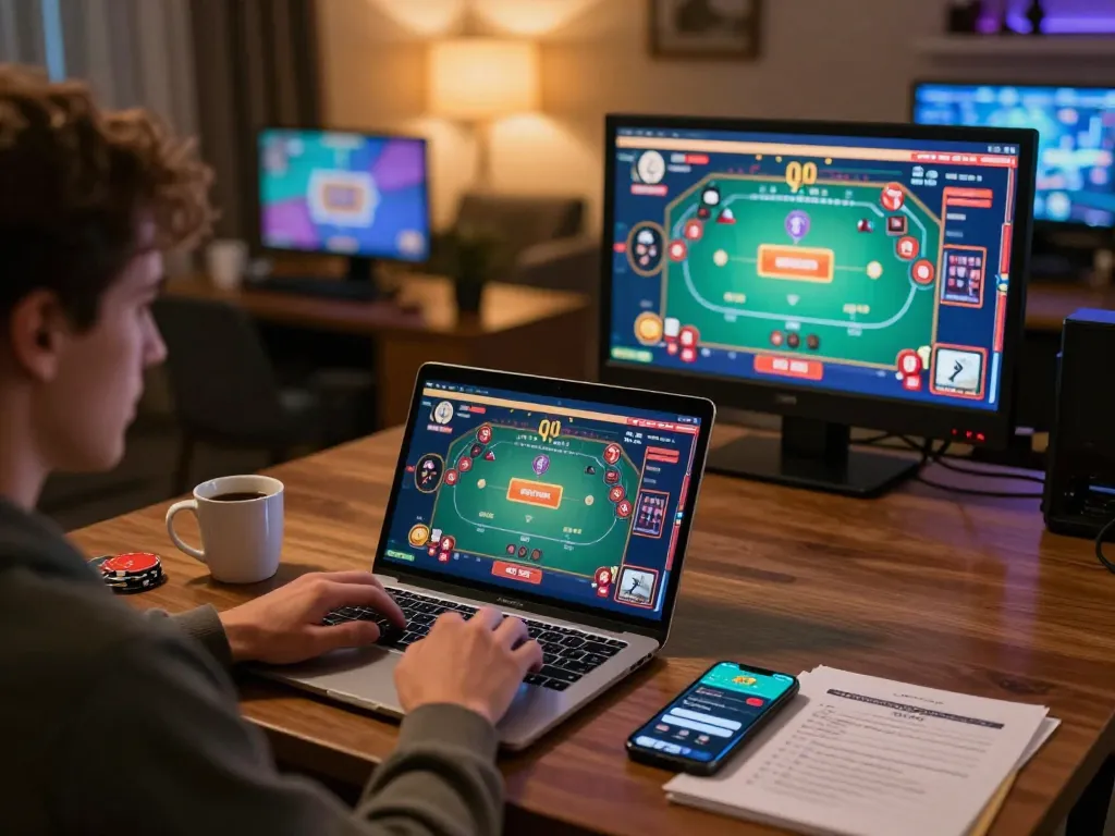 Rikvip player focused on winning strategy during online casino session with poker game on laptop.