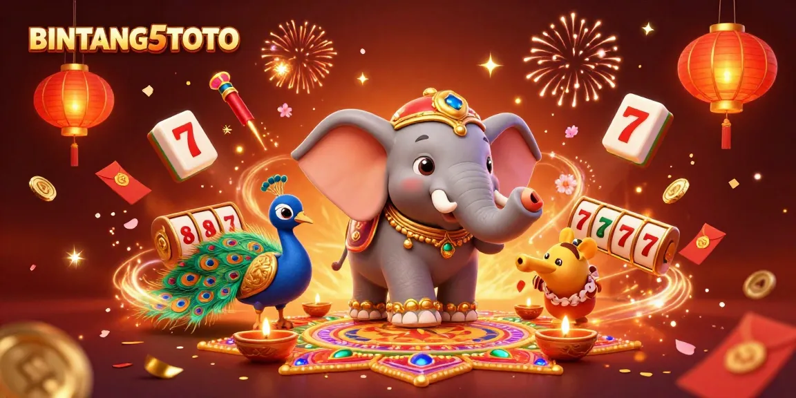 Spin and win with BINTANG5TOTO's vibrant jackpot scene featuring a festive elephant and lucky game symbols.