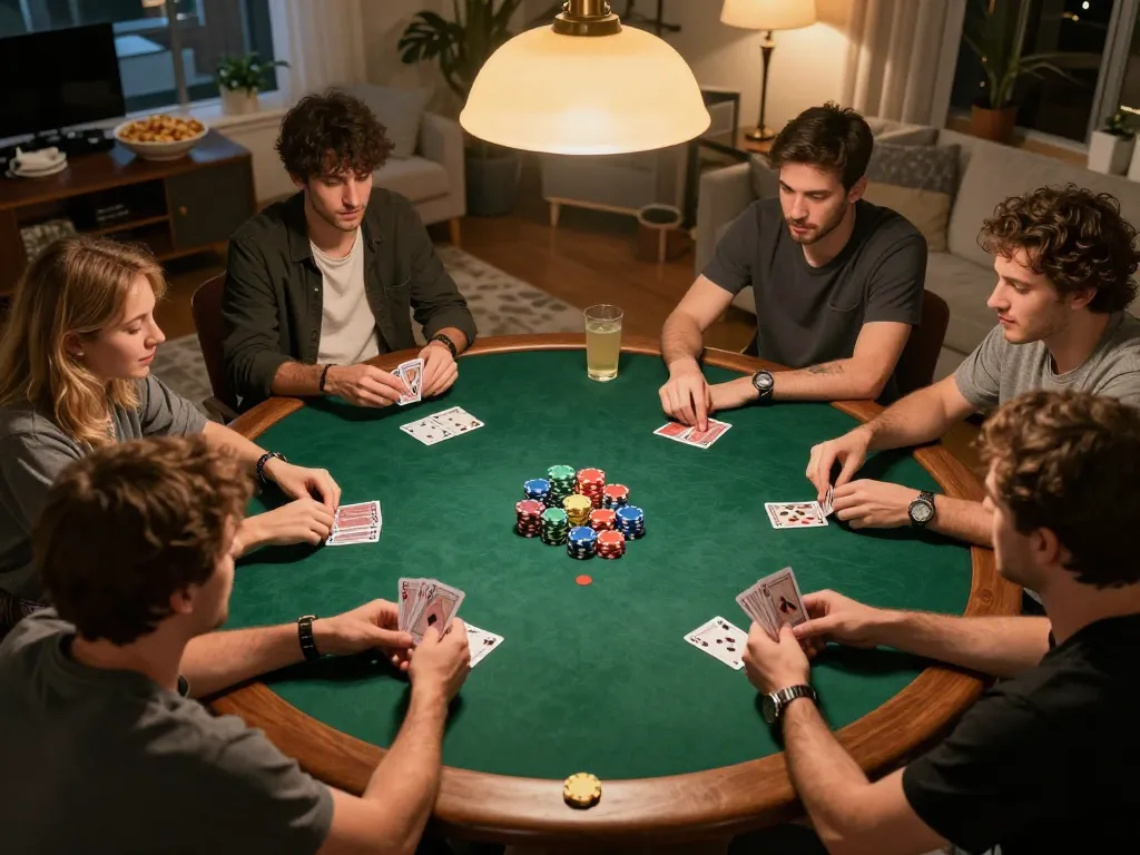 Home poker night with friends enjoying the game at nhà cái u888, showcasing strategic play and social bonding.