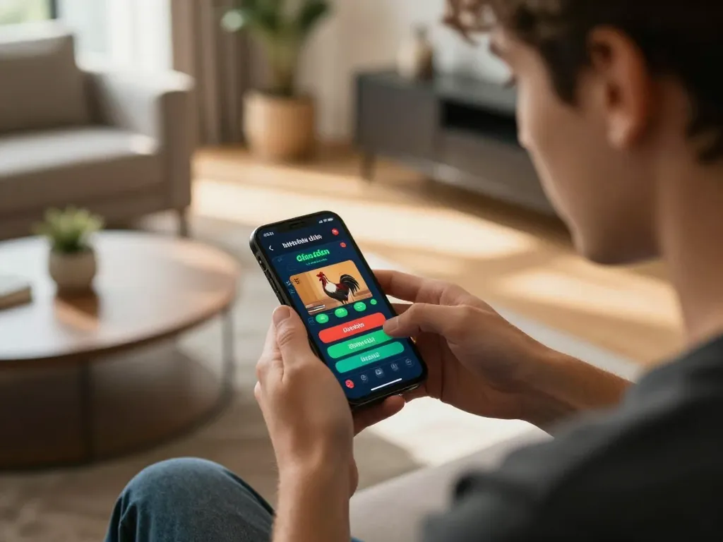 Mobile gambling scene with a smartphone showing đá gà đòn betting interface, capturing excitement and strategy.