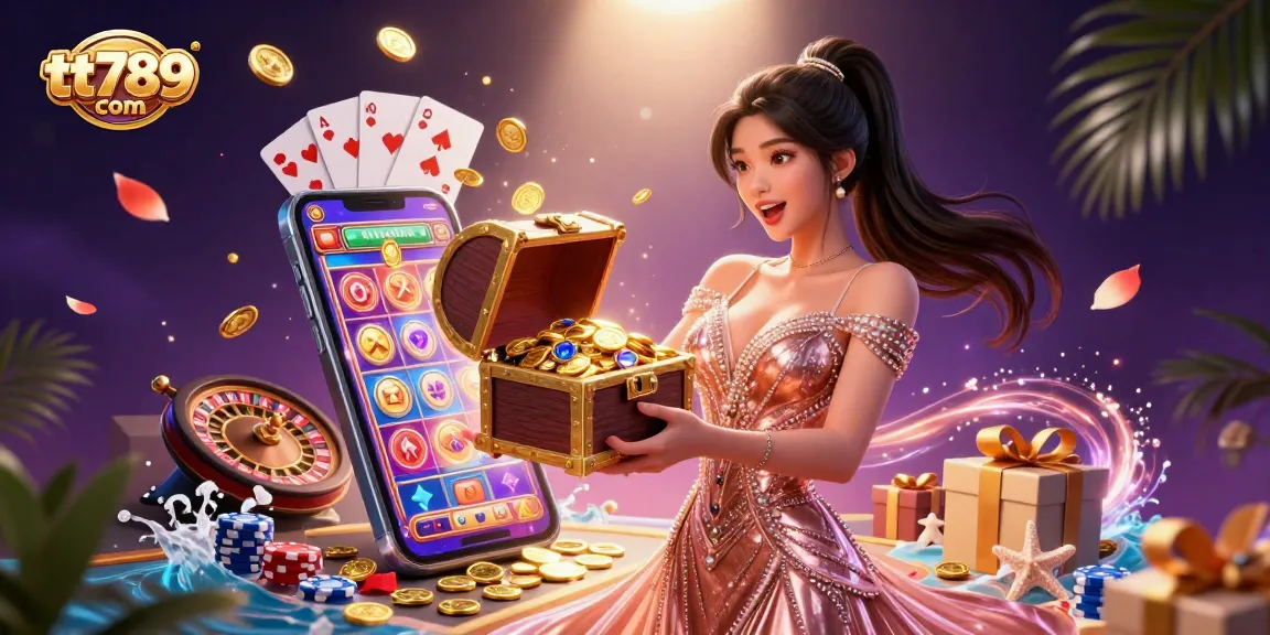 Mainkan slot yang menarik di tt789 com, menampilkan koin emas dan permainan cerah dalam ilustrasi kasino yang menakjubkan.