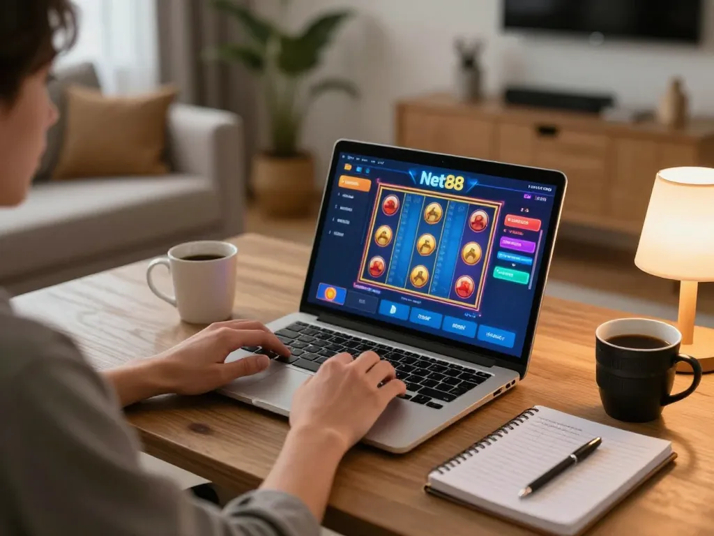 Player engaging with Net88 online gaming platform, showcasing excitement with dynamic slot game action at home.