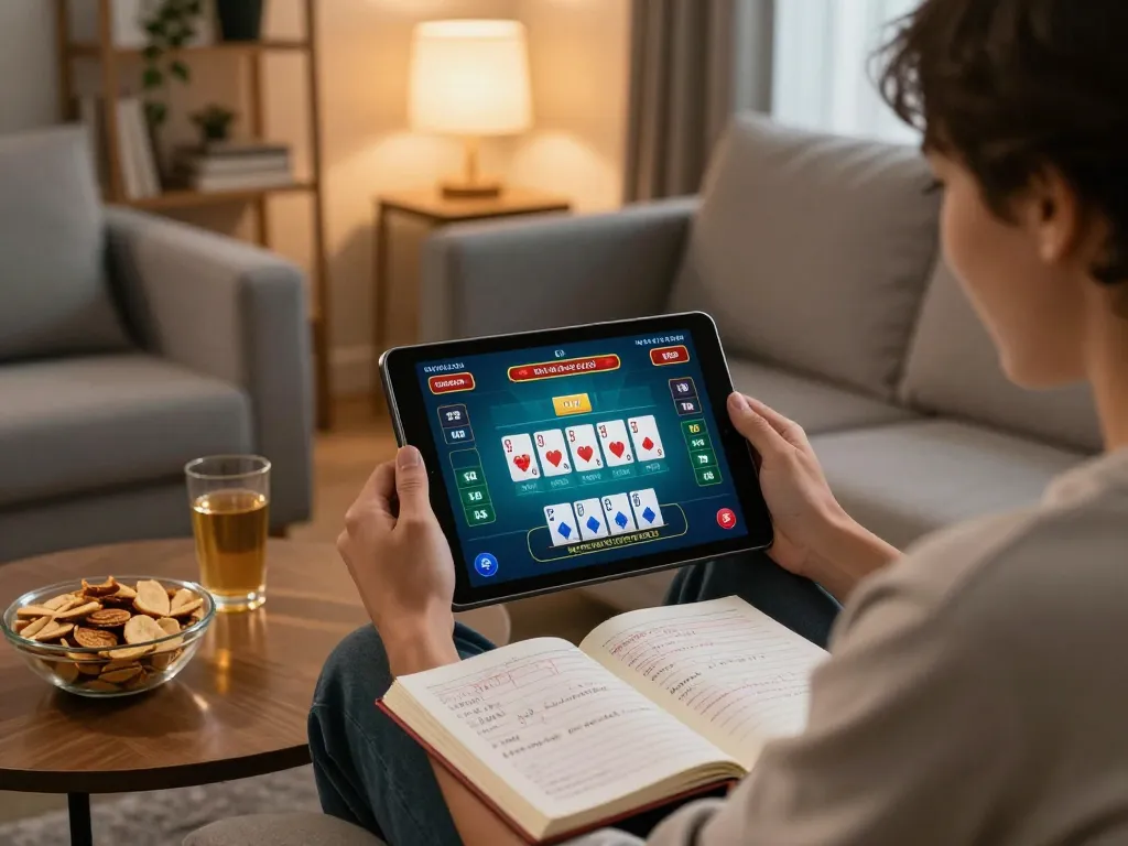Engaging online poker session with F8 bet displayed on tablet in a cozy home atmosphere.