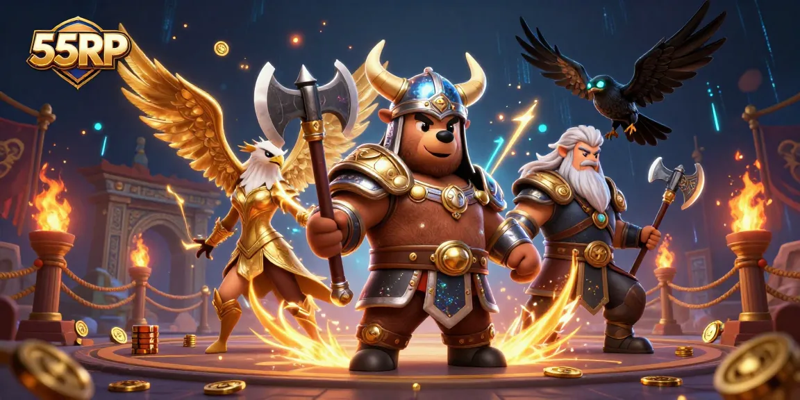 Engage with top-tier gameplay at 55RP, showcasing dynamic 3D characters in a vibrant gaming arena.