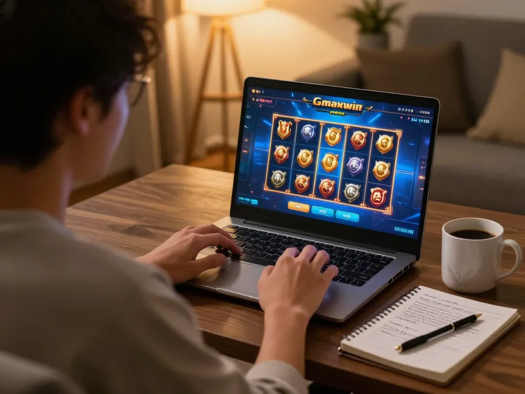 Pemain terlibat dengan permainan slot gacor maxwin secara online di laptop, menunjukkan permainan strategis.