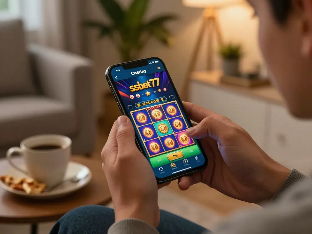 Engaged user playing the ssbet77 casino app on smartphone in cozy living room environment
