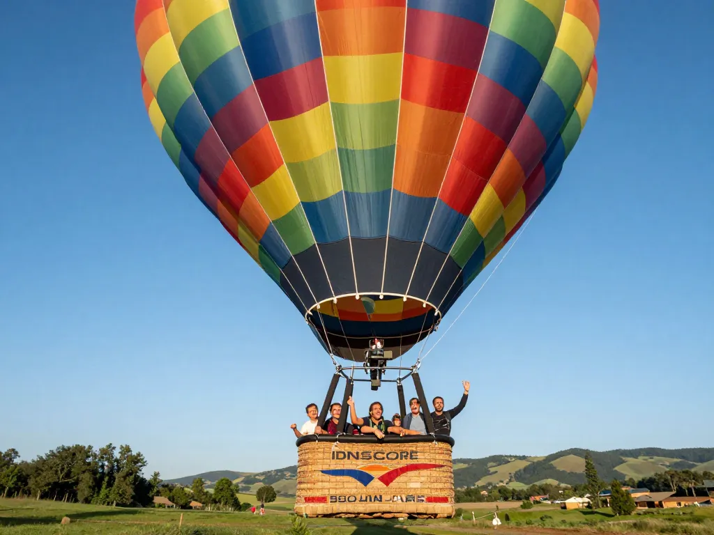IDNSCORE hot air balloon experience soaring high with vibrant colors and thrilled participants.