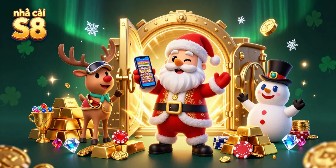 Engage in thrilling wins at nhà cái S8 with a festive 3D casino illustration featuring characters and jewels.