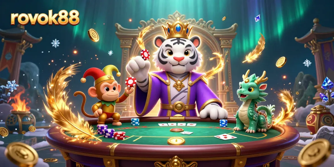 Experience excitement with rokok88, showcasing a regal tiger, jester monkey, and jade dragon at a lively poker table.