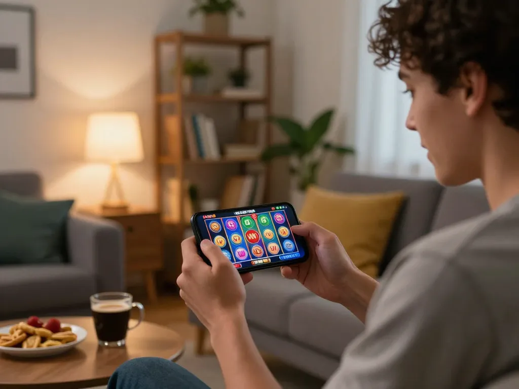 Pemain menikmati permainan slot mobile pandawin di smartphone dalam suasana rumah yang nyaman.