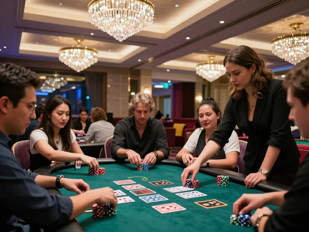 Players engaged at DH88 blackjack table, shuffling cards and strategizing bets in luxurious casino atmosphere