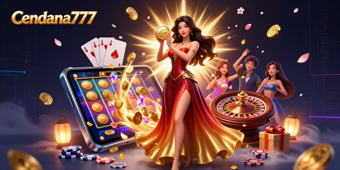 Cendana777 showcases an Asian woman symbolizing luck in a vibrant casino atmosphere with golden coins and game elements.