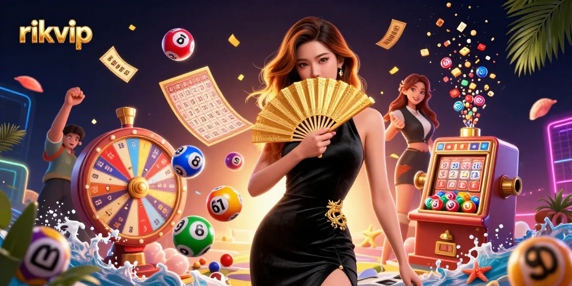 Experience exciting wins at rikvip with dynamic lottery balls, gold tickets, and vibrant casino elements.