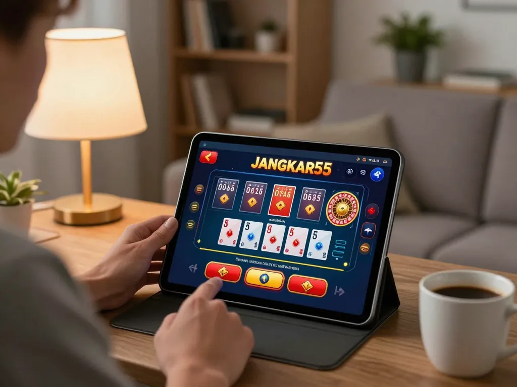 A gamer enjoying live casino gameplay on the JANGKAR55 platform from a cozy home setup, showcasing responsible gambling.