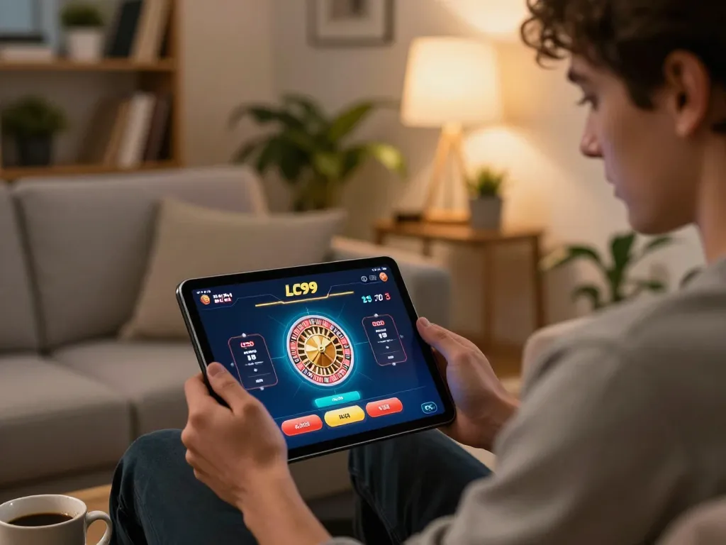 Player engaged in online casino gameplay on LC99 app displayed on tablet