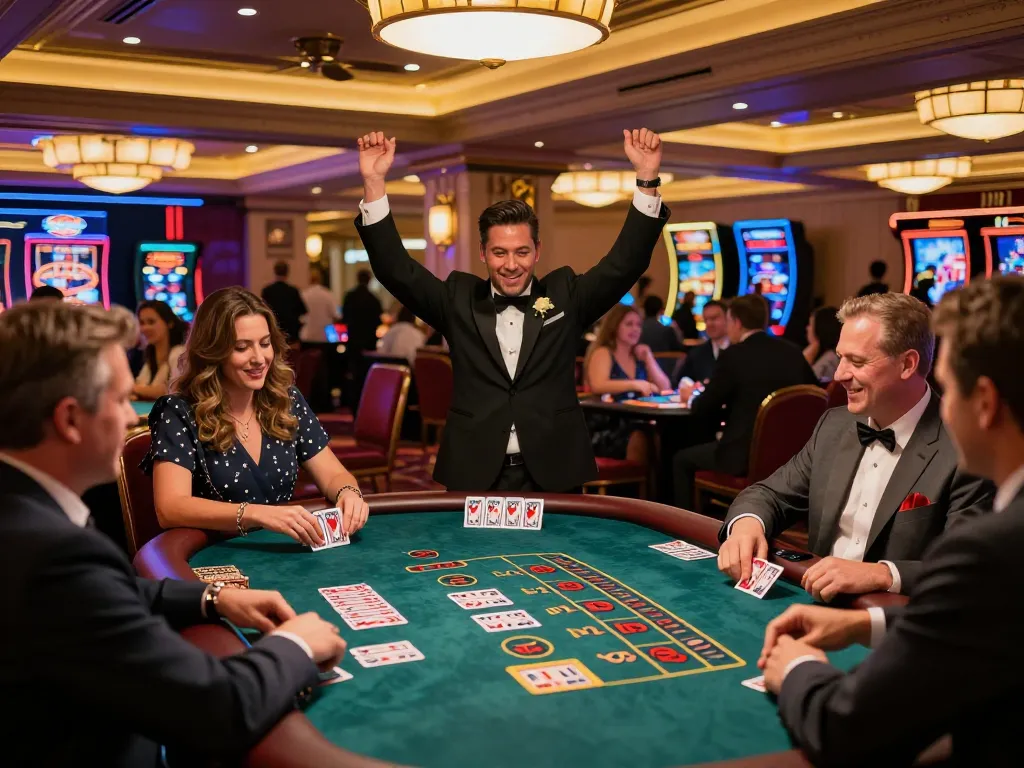 IDNSCORE players winning at a dynamic blackjack table in a luxurious Las Vegas casino