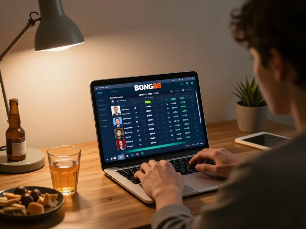 BONG88 user strategizing sports bets on laptop during a cozy home session