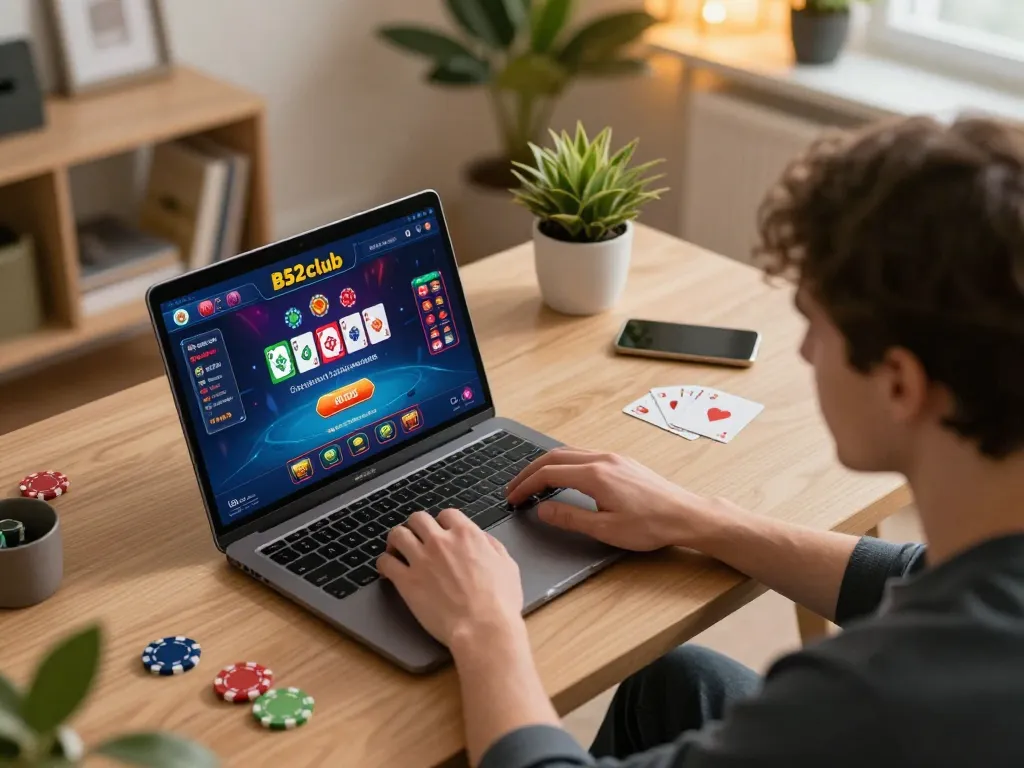 B52club mobile gaming experience with user engaging in casino activities at home.