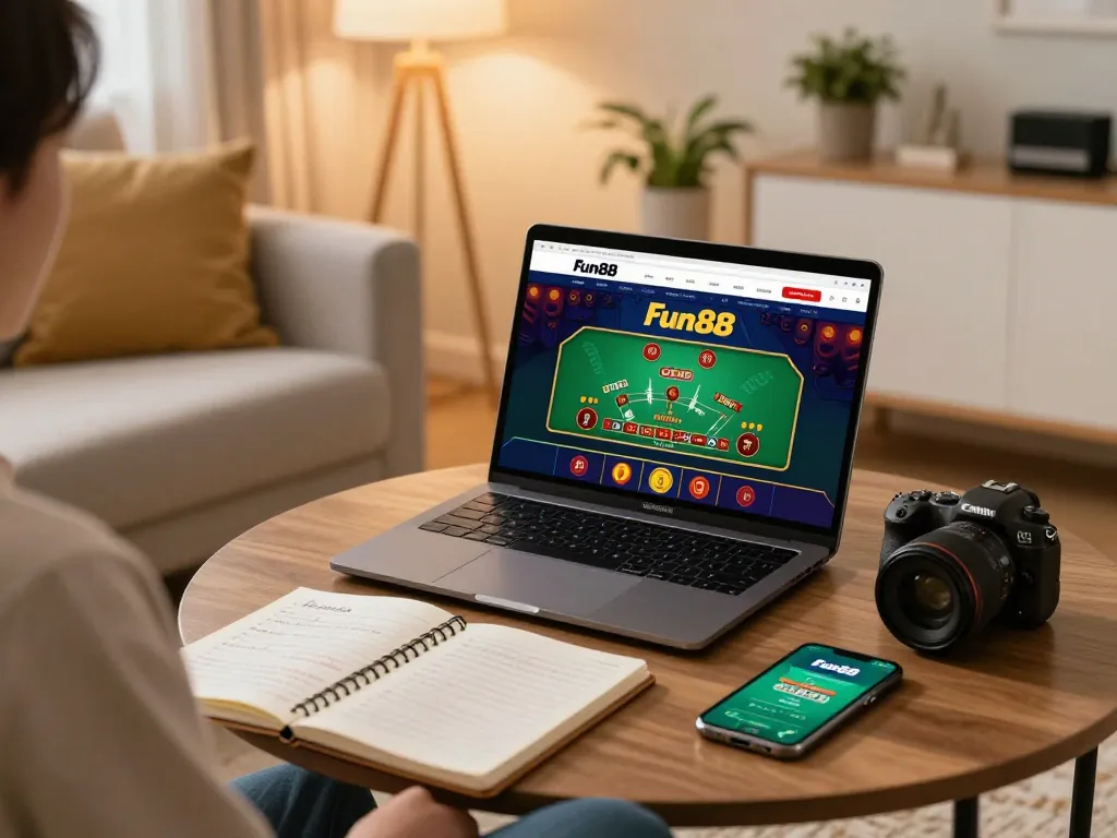 Engaging in online blackjack at Fun88's gaming hub with strategies laid out in a cozy setting.