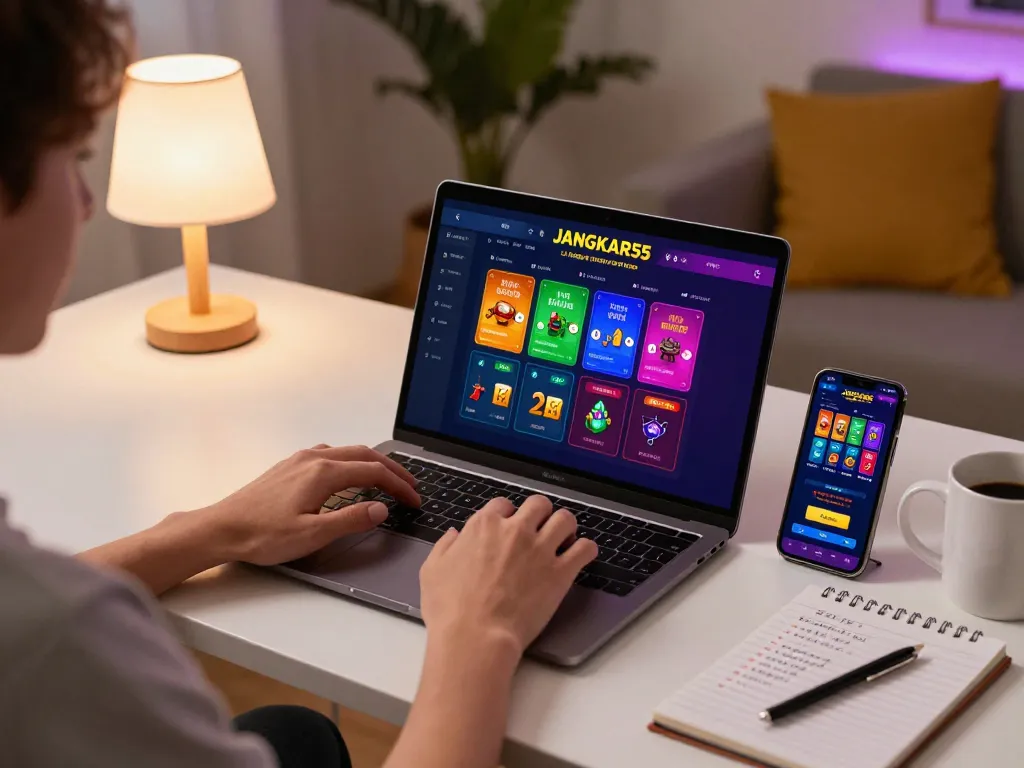 Engaging gameplay on JANGKAR55 online casino platform with a laptop showing live games in a cozy environment.