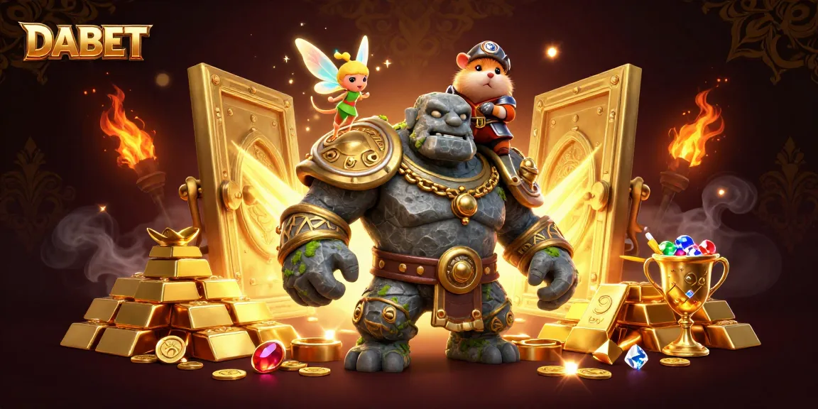 DABET captivates with an enchanting 3D casino scene featuring a magical golem and fairy amidst treasures and gaming elements.