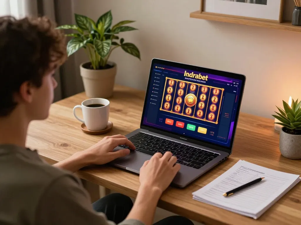 Engaging scene of home gaming on Indrabet platform with vibrant slot reels displayed on a laptop screen.