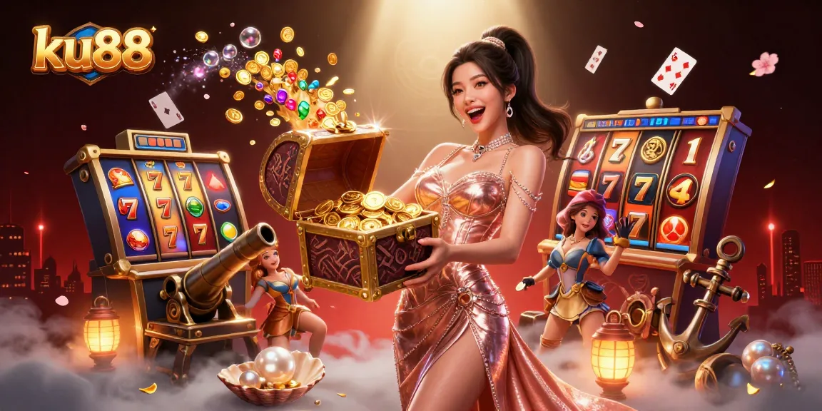 ku88 showcases a vibrant casino treasure scene with games, gold coins, and joyful celebration.