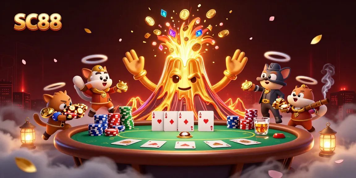 Experience the thrill at SC88's golden volcano casino, erupting with treasure and poker excitement.