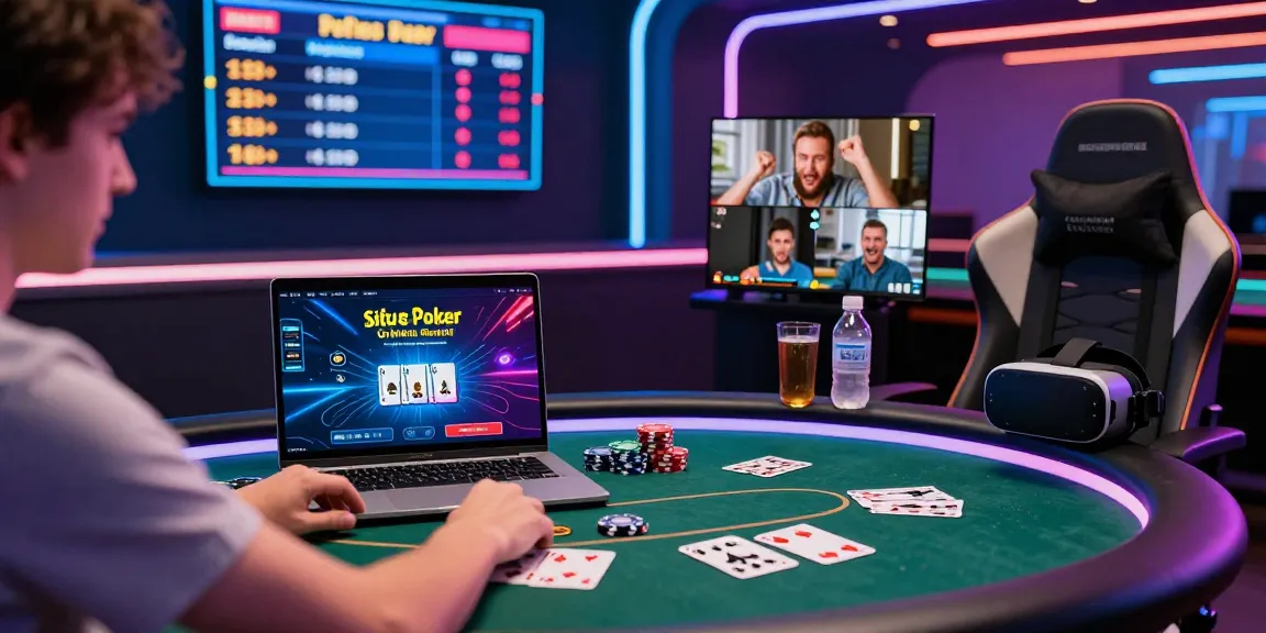 Situs Poker Online Resmi Domino88 vibrant online poker gaming scene with player engaged in thrilling gameplay, chips and cards on the table.