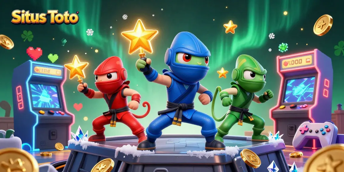 Situs Toto showcases a vibrant scene with ninja chameleons and arcade machines in a dynamic casino setting