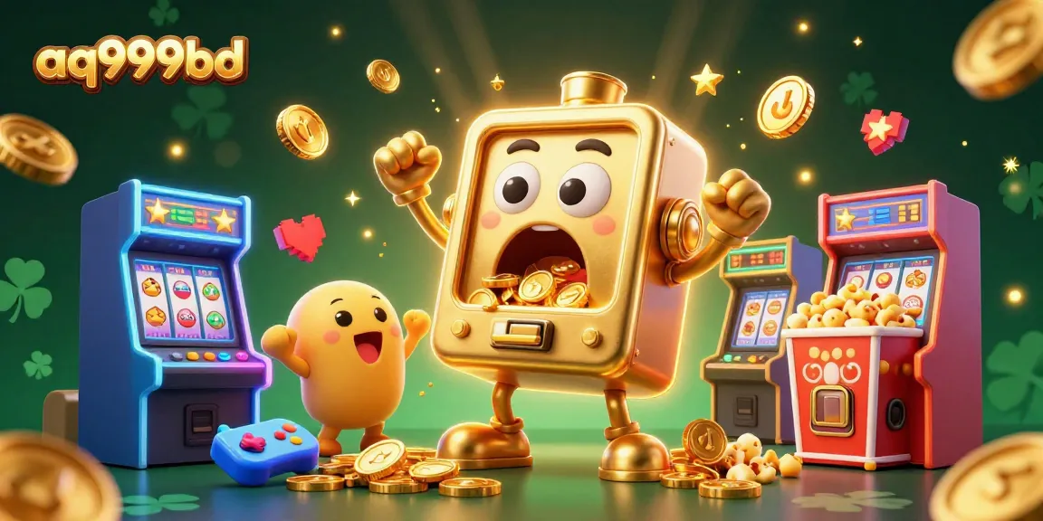 Hit the jackpot with aq999bd's golden slot machine in a vibrant casino scene.