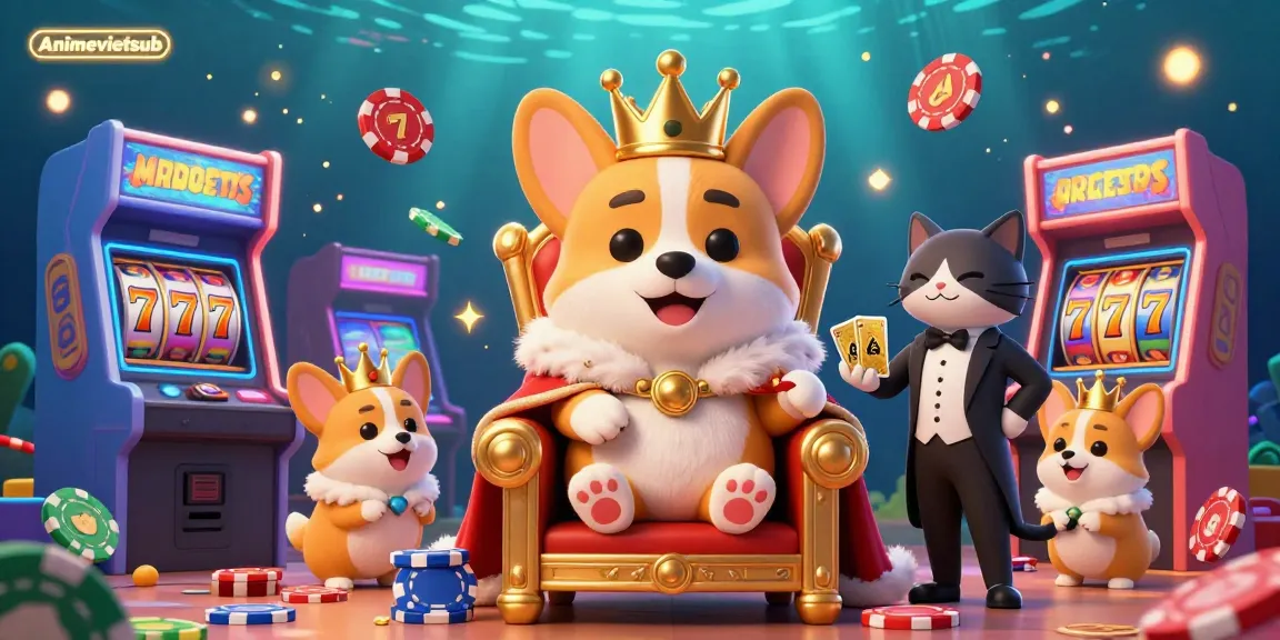Play thrilling slots and poker at Animevietsub in a colorful cartoon casino scene with vibrant characters!